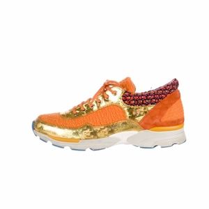 💯 CHANEL Authentic Orange Metallic Boucle Sneakers Tweed